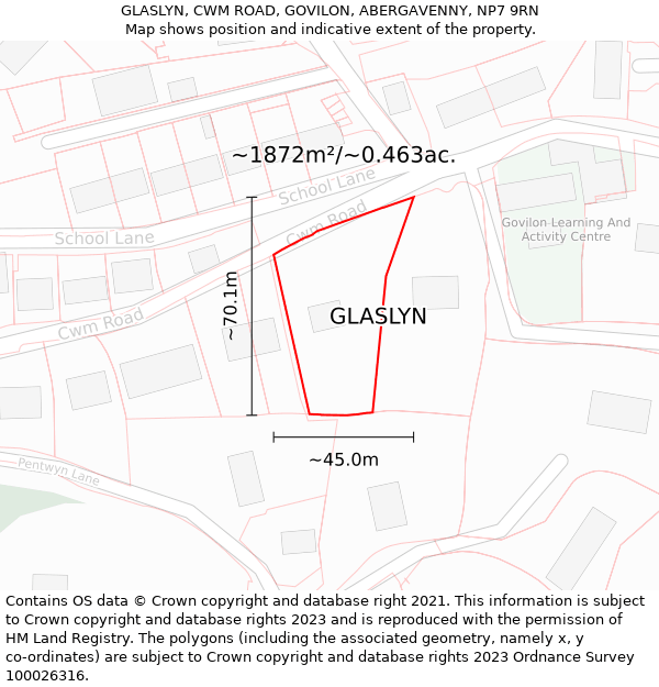 GLASLYN, CWM ROAD, GOVILON, ABERGAVENNY, NP7 9RN: Plot and title map