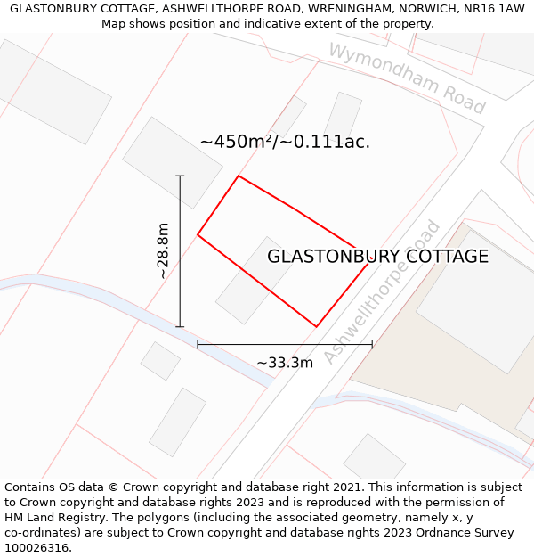 GLASTONBURY COTTAGE, ASHWELLTHORPE ROAD, WRENINGHAM, NORWICH, NR16 1AW: Plot and title map