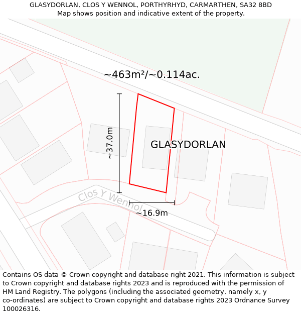 GLASYDORLAN, CLOS Y WENNOL, PORTHYRHYD, CARMARTHEN, SA32 8BD: Plot and title map