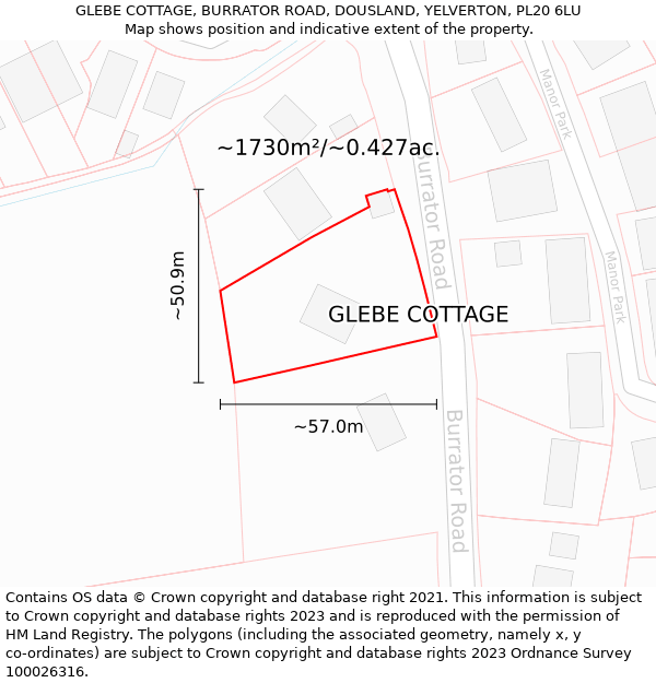 GLEBE COTTAGE, BURRATOR ROAD, DOUSLAND, YELVERTON, PL20 6LU: Plot and title map