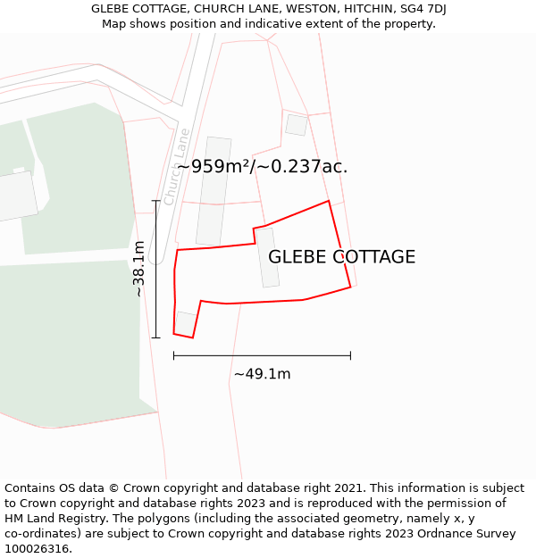 GLEBE COTTAGE, CHURCH LANE, WESTON, HITCHIN, SG4 7DJ: Plot and title map