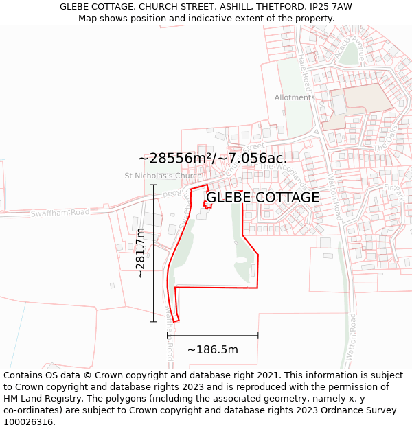 GLEBE COTTAGE, CHURCH STREET, ASHILL, THETFORD, IP25 7AW: Plot and title map