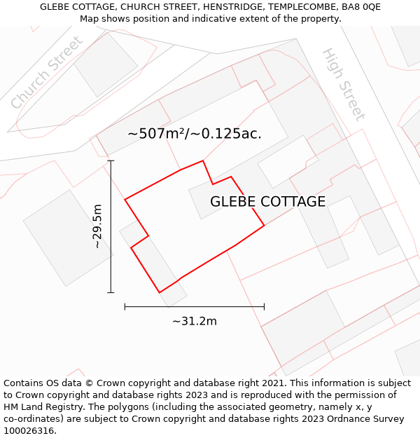 GLEBE COTTAGE, CHURCH STREET, HENSTRIDGE, TEMPLECOMBE, BA8 0QE: Plot and title map
