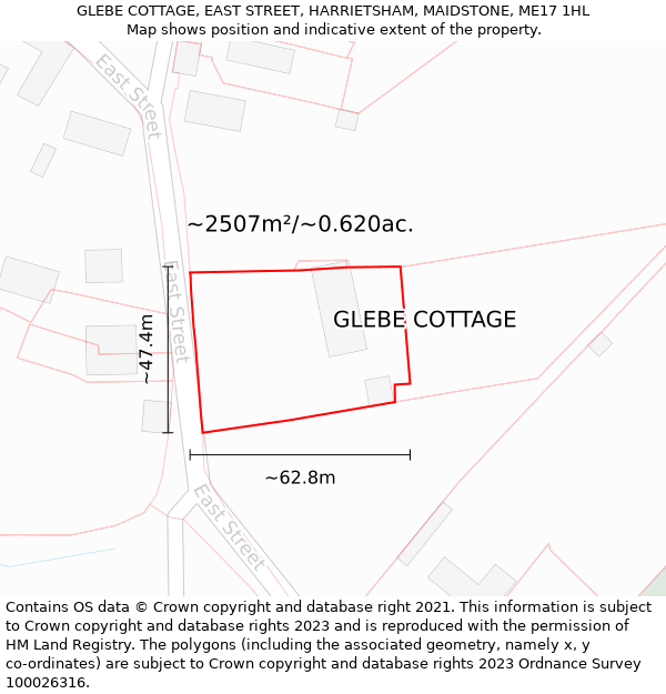 GLEBE COTTAGE, EAST STREET, HARRIETSHAM, MAIDSTONE, ME17 1HL: Plot and title map