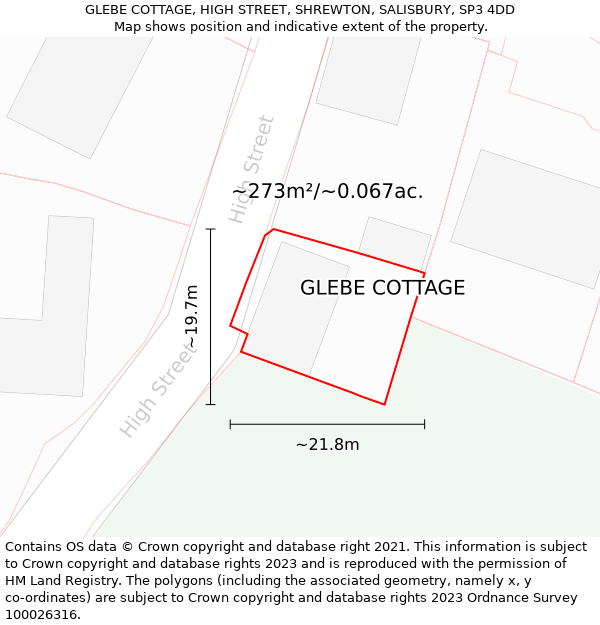 GLEBE COTTAGE, HIGH STREET, SHREWTON, SALISBURY, SP3 4DD: Plot and title map