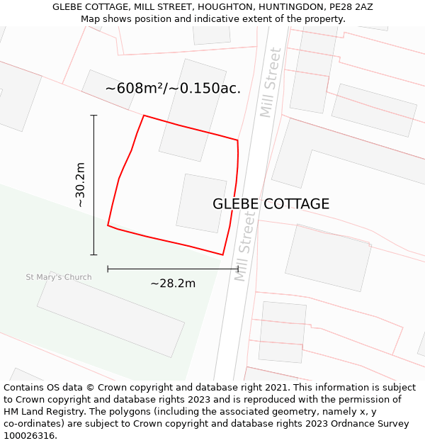 GLEBE COTTAGE, MILL STREET, HOUGHTON, HUNTINGDON, PE28 2AZ: Plot and title map