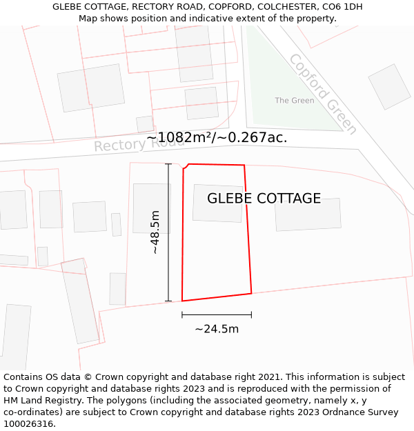 GLEBE COTTAGE, RECTORY ROAD, COPFORD, COLCHESTER, CO6 1DH: Plot and title map