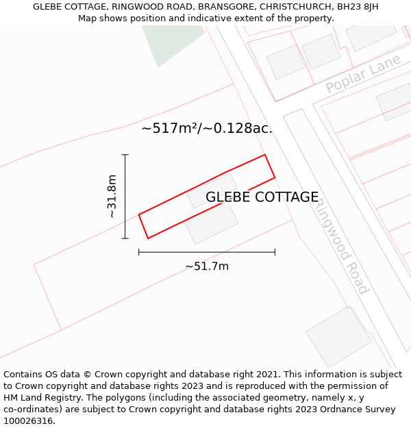GLEBE COTTAGE, RINGWOOD ROAD, BRANSGORE, CHRISTCHURCH, BH23 8JH: Plot and title map