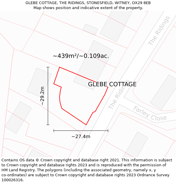 GLEBE COTTAGE, THE RIDINGS, STONESFIELD, WITNEY, OX29 8EB: Plot and title map