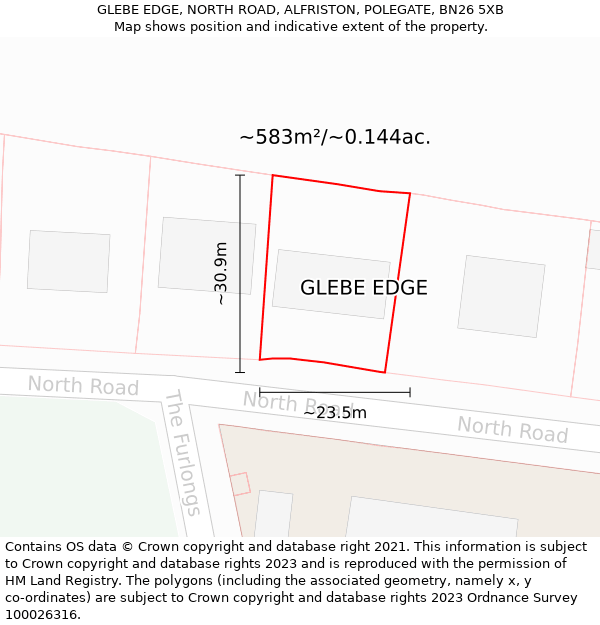 GLEBE EDGE, NORTH ROAD, ALFRISTON, POLEGATE, BN26 5XB: Plot and title map