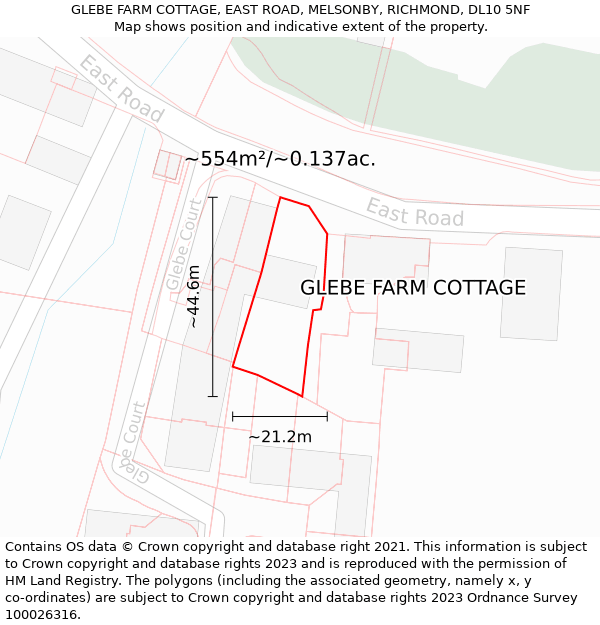 GLEBE FARM COTTAGE, EAST ROAD, MELSONBY, RICHMOND, DL10 5NF: Plot and title map