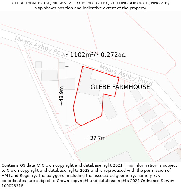 GLEBE FARMHOUSE, MEARS ASHBY ROAD, WILBY, WELLINGBOROUGH, NN8 2UQ: Plot and title map