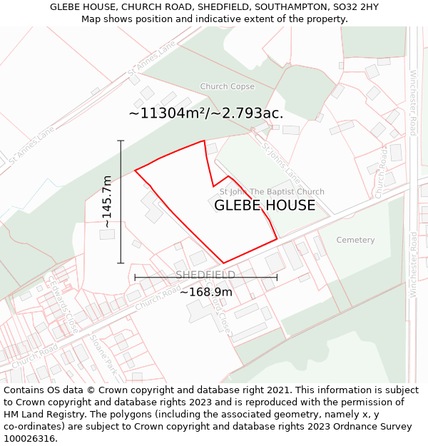 GLEBE HOUSE, CHURCH ROAD, SHEDFIELD, SOUTHAMPTON, SO32 2HY: Plot and title map