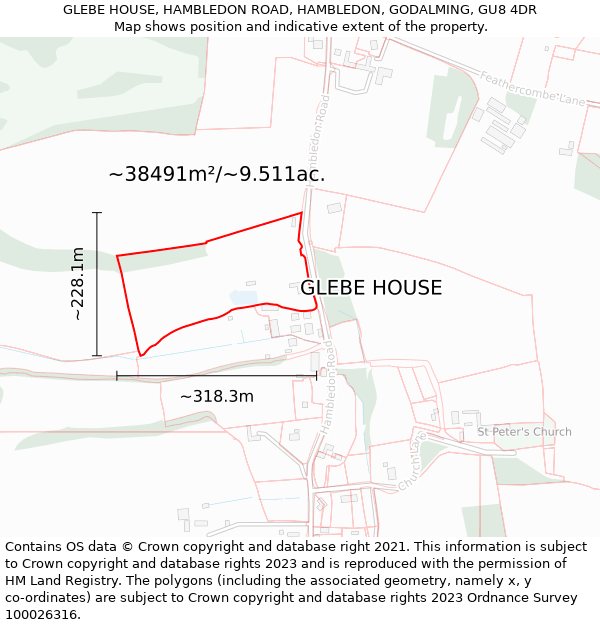 GLEBE HOUSE, HAMBLEDON ROAD, HAMBLEDON, GODALMING, GU8 4DR: Plot and title map