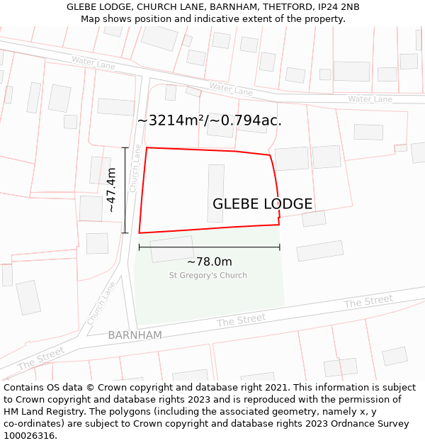 GLEBE LODGE, CHURCH LANE, BARNHAM, THETFORD, IP24 2NB: Plot and title map