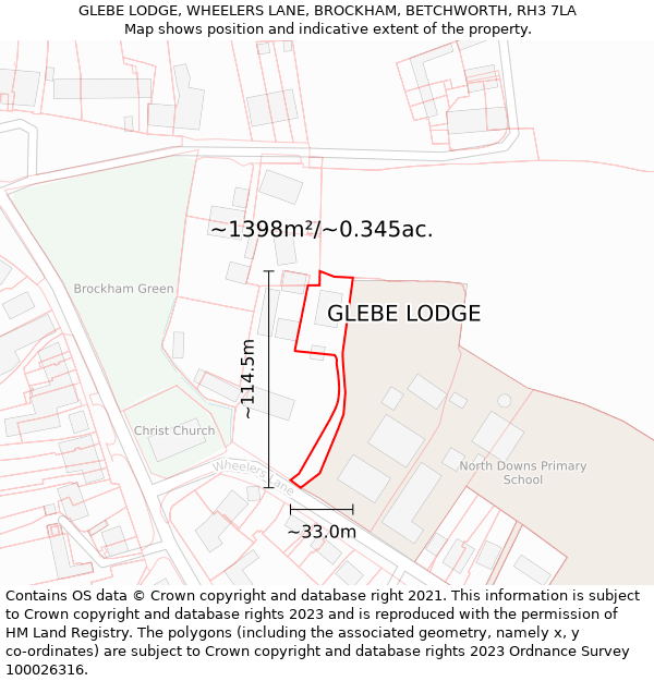 GLEBE LODGE, WHEELERS LANE, BROCKHAM, BETCHWORTH, RH3 7LA: Plot and title map