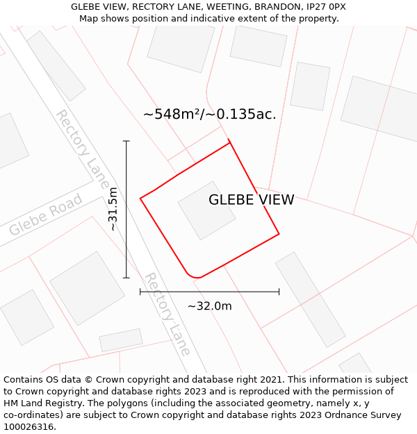 GLEBE VIEW, RECTORY LANE, WEETING, BRANDON, IP27 0PX: Plot and title map