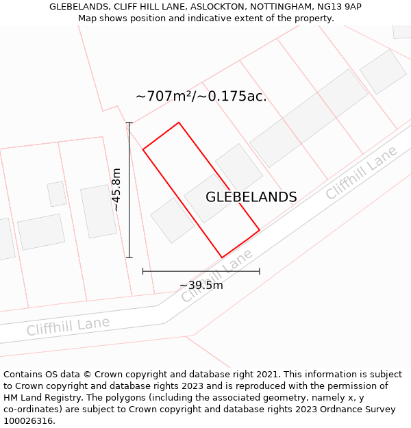 GLEBELANDS, CLIFF HILL LANE, ASLOCKTON, NOTTINGHAM, NG13 9AP: Plot and title map