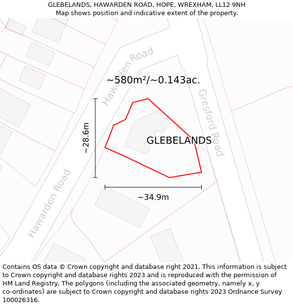 GLEBELANDS, HAWARDEN ROAD, HOPE, WREXHAM, LL12 9NH: Plot and title map