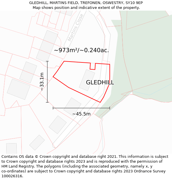 GLEDHILL, MARTINS FIELD, TREFONEN, OSWESTRY, SY10 9EP: Plot and title map
