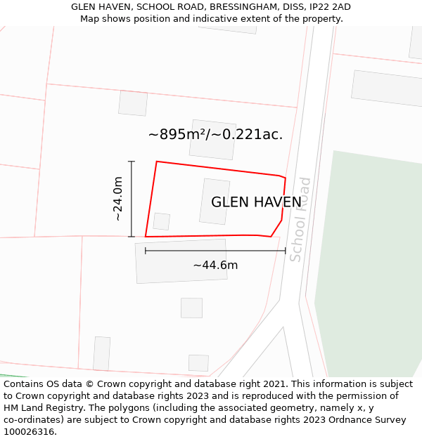 GLEN HAVEN, SCHOOL ROAD, BRESSINGHAM, DISS, IP22 2AD: Plot and title map