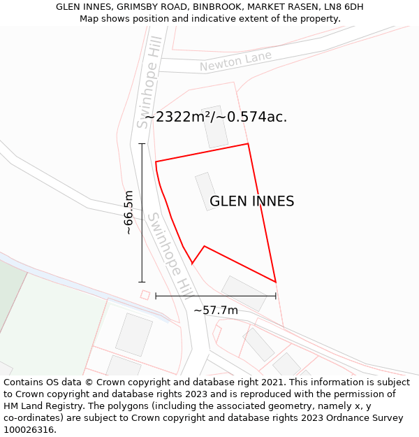 GLEN INNES, GRIMSBY ROAD, BINBROOK, MARKET RASEN, LN8 6DH: Plot and title map