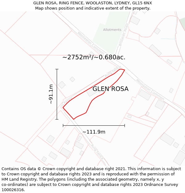 GLEN ROSA, RING FENCE, WOOLASTON, LYDNEY, GL15 6NX: Plot and title map