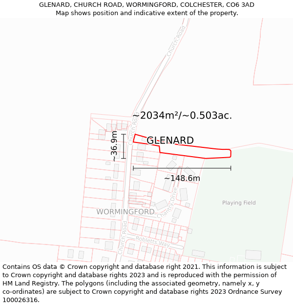 GLENARD, CHURCH ROAD, WORMINGFORD, COLCHESTER, CO6 3AD: Plot and title map