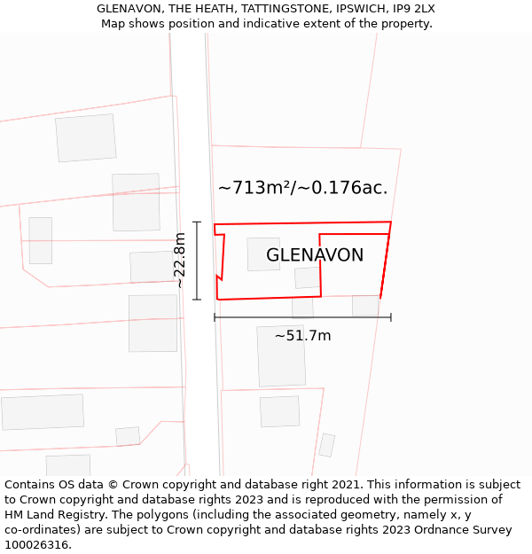 GLENAVON, THE HEATH, TATTINGSTONE, IPSWICH, IP9 2LX: Plot and title map