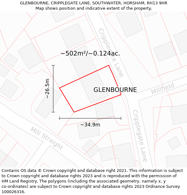 GLENBOURNE, CRIPPLEGATE LANE, SOUTHWATER, HORSHAM, RH13 9HR: Plot and title map