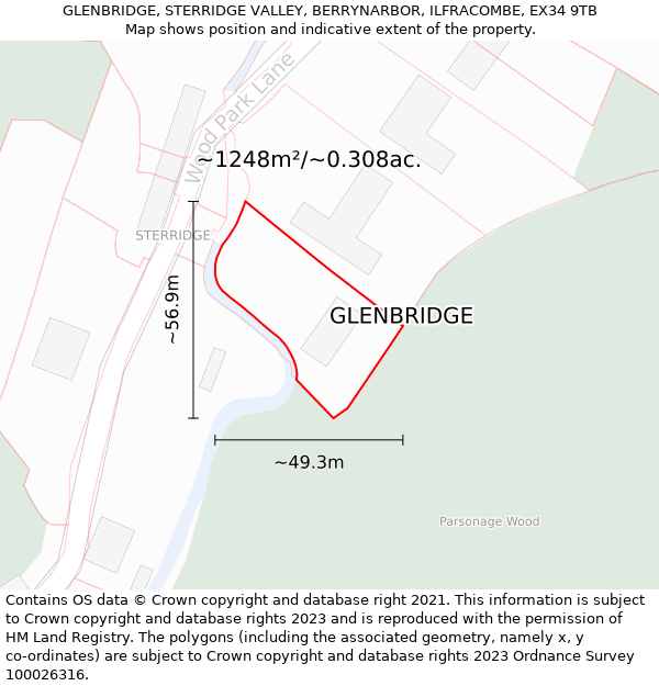 GLENBRIDGE, STERRIDGE VALLEY, BERRYNARBOR, ILFRACOMBE, EX34 9TB: Plot and title map