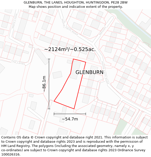 GLENBURN, THE LANES, HOUGHTON, HUNTINGDON, PE28 2BW: Plot and title map