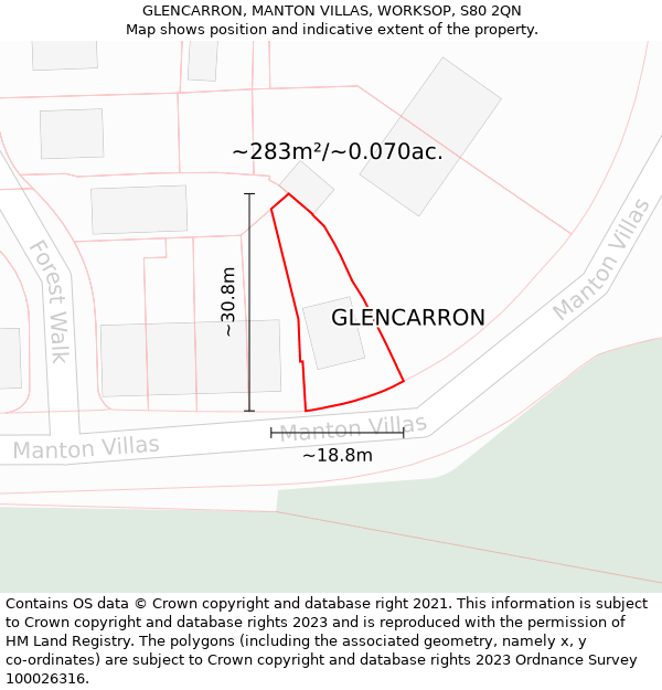 GLENCARRON, MANTON VILLAS, WORKSOP, S80 2QN: Plot and title map