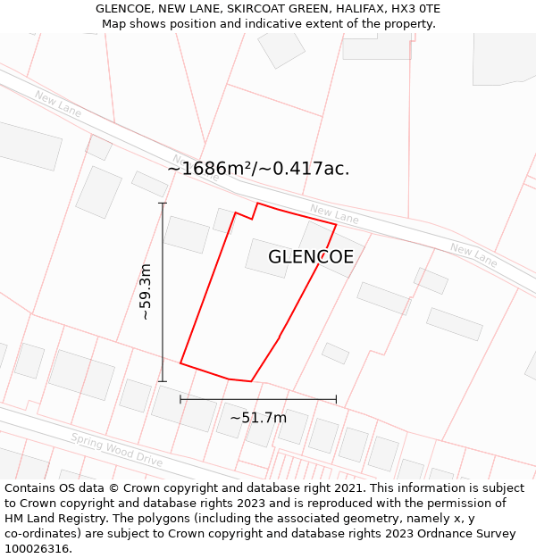 GLENCOE, NEW LANE, SKIRCOAT GREEN, HALIFAX, HX3 0TE: Plot and title map