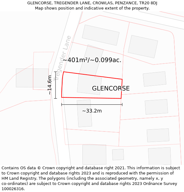 GLENCORSE, TREGENDER LANE, CROWLAS, PENZANCE, TR20 8DJ: Plot and title map