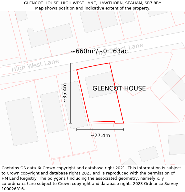 GLENCOT HOUSE, HIGH WEST LANE, HAWTHORN, SEAHAM, SR7 8RY: Plot and title map