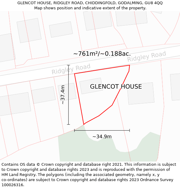 GLENCOT HOUSE, RIDGLEY ROAD, CHIDDINGFOLD, GODALMING, GU8 4QQ: Plot and title map
