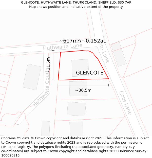 GLENCOTE, HUTHWAITE LANE, THURGOLAND, SHEFFIELD, S35 7AF: Plot and title map