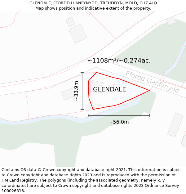 GLENDALE, FFORDD LLANFYNYDD, TREUDDYN, MOLD, CH7 4LQ: Plot and title map