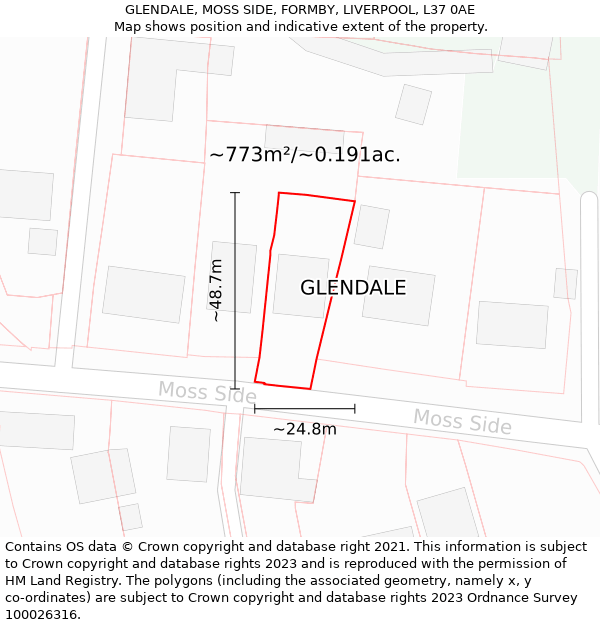 GLENDALE, MOSS SIDE, FORMBY, LIVERPOOL, L37 0AE: Plot and title map