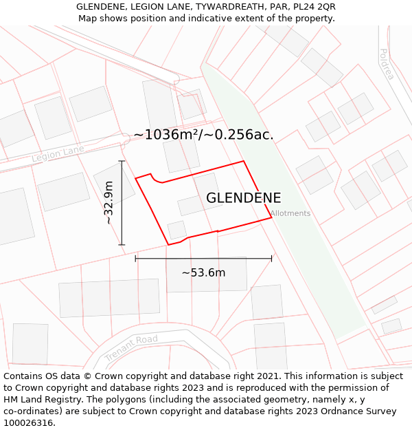 GLENDENE, LEGION LANE, TYWARDREATH, PAR, PL24 2QR: Plot and title map