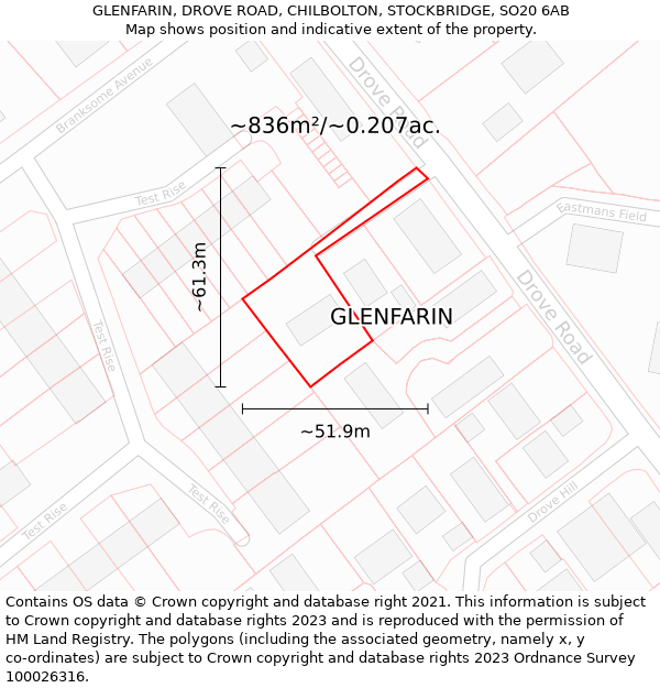 GLENFARIN, DROVE ROAD, CHILBOLTON, STOCKBRIDGE, SO20 6AB: Plot and title map