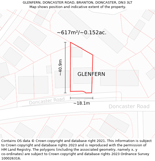 GLENFERN, DONCASTER ROAD, BRANTON, DONCASTER, DN3 3LT: Plot and title map