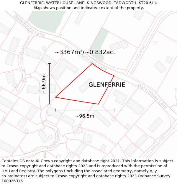 GLENFERRIE, WATERHOUSE LANE, KINGSWOOD, TADWORTH, KT20 6HU: Plot and title map