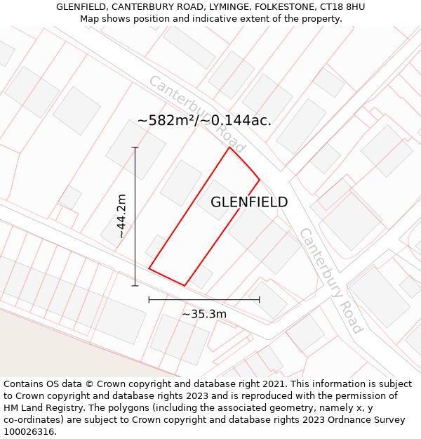 GLENFIELD, CANTERBURY ROAD, LYMINGE, FOLKESTONE, CT18 8HU: Plot and title map