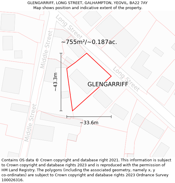 GLENGARRIFF, LONG STREET, GALHAMPTON, YEOVIL, BA22 7AY: Plot and title map