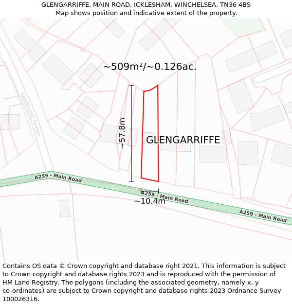GLENGARRIFFE, MAIN ROAD, ICKLESHAM, WINCHELSEA, TN36 4BS: Plot and title map
