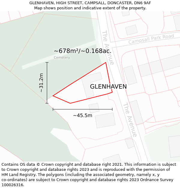 GLENHAVEN, HIGH STREET, CAMPSALL, DONCASTER, DN6 9AF: Plot and title map