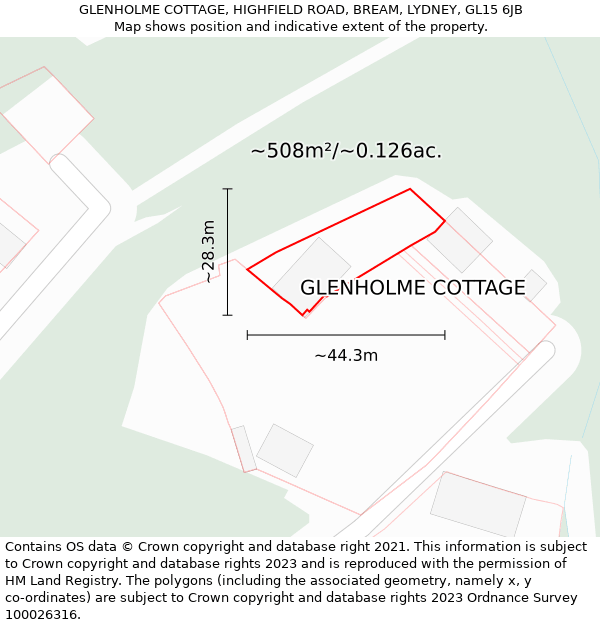 GLENHOLME COTTAGE, HIGHFIELD ROAD, BREAM, LYDNEY, GL15 6JB: Plot and title map