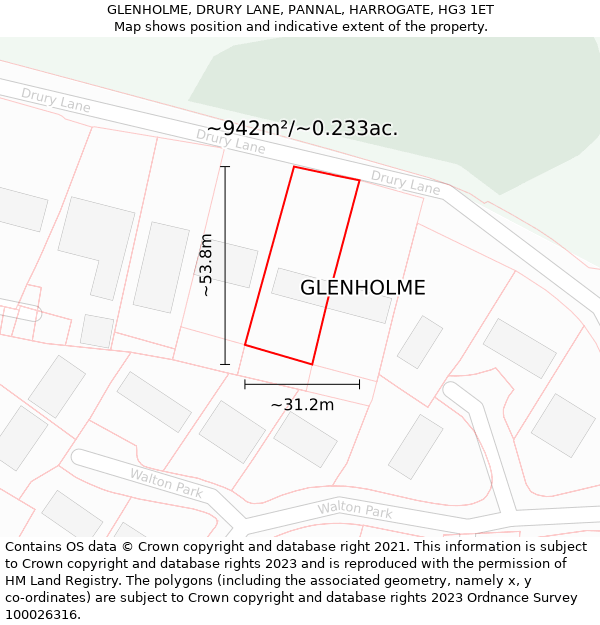 GLENHOLME, DRURY LANE, PANNAL, HARROGATE, HG3 1ET: Plot and title map